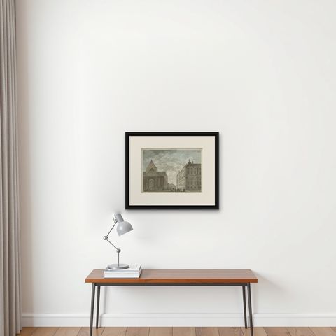 Antique Print of the City Hall and Church of Amsterdam by Tirion, 1766, shown framed on a wall, true to size