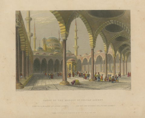 Antique Print, Blue Mosque Interior, Istanbul Ottoman Courtyard, ca. 1839, close-up 1