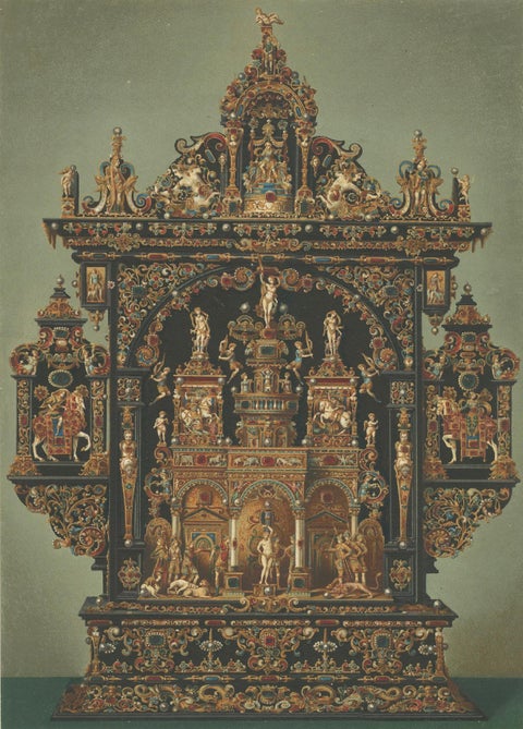 Pair Bavarian Royal Chapel Altar Shrines Chromolithographs, Munich, 1874, close-up 1