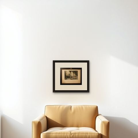 Antique Print, Blue Mosque Interior, Istanbul Ottoman Courtyard, ca. 1839, shown framed on a wall, true to size