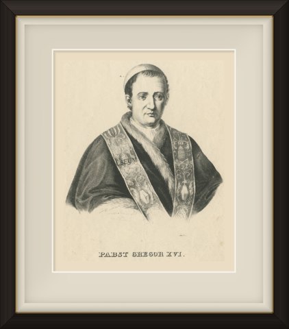 Pope Gregory XVI, Antique Lithograph Portrait, circa 1831, shown framed