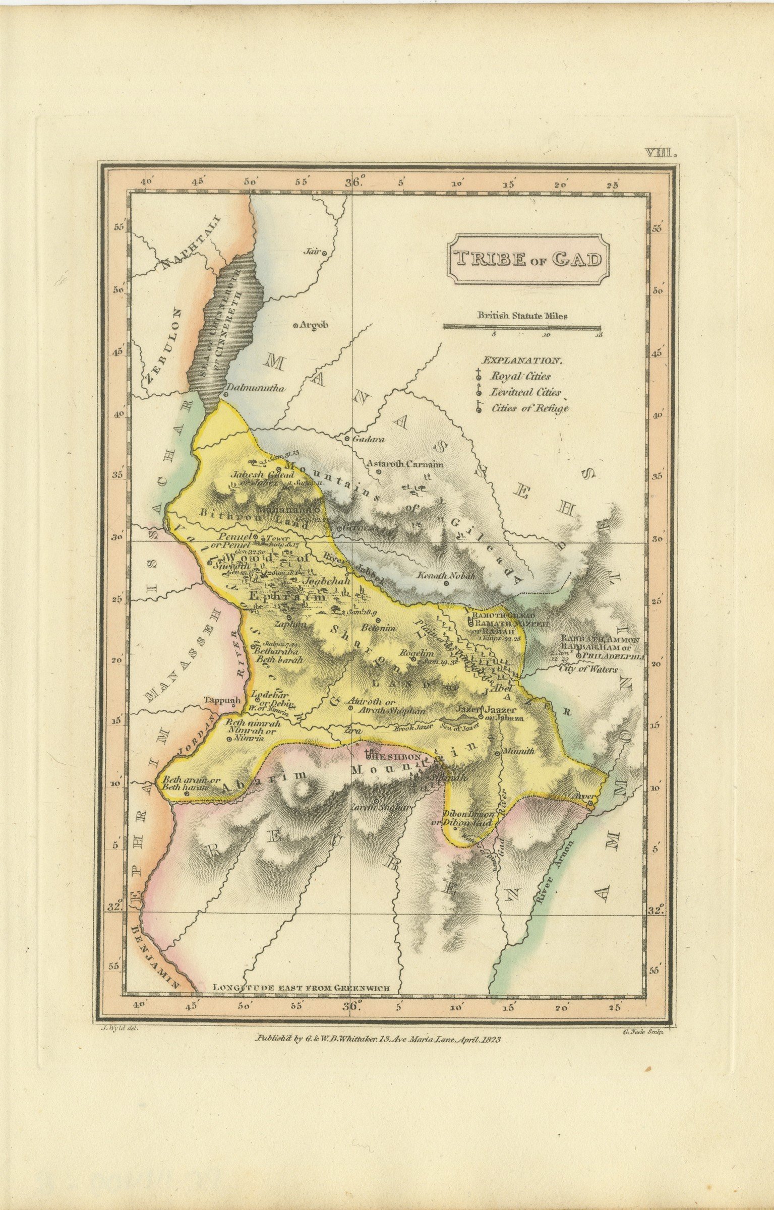 Antique Scripture Map of the Tribe of Gad, Hand-Colored, Wyld, 1823