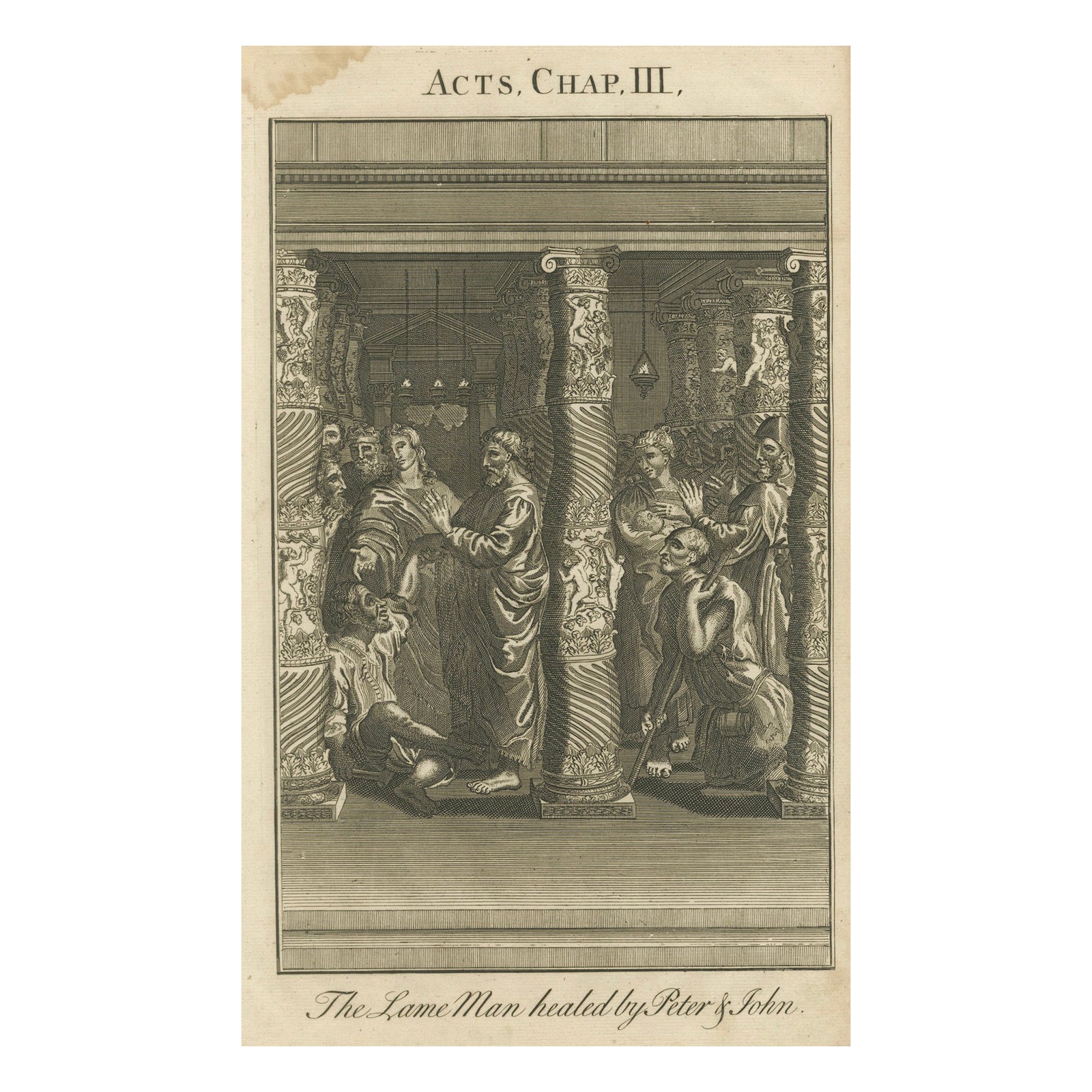 Peter & John Heal the Lame Man, Acts III Engraving c.1735