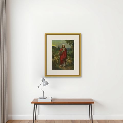 Christ the Shepherd, Beautiful Catholic Chromolithograph Artwork, ca.1900, shown framed on a wall, true to size