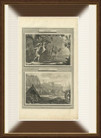 Death of Absalom and the Head of Sheba over the Wall, Pieter Mortier, circa 1700, shown framed