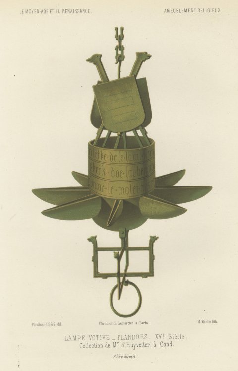 Flemish Votive Lamp, Fifteenth Century, Antique Print, 1851