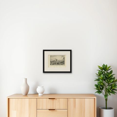 Antique Print of a Chinese Funeral by Chedel, shown framed on a wall, true to size