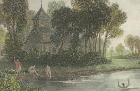 Hand-colored Engraving of Dorney Church in Buckinghamshire, England, 1835, close-up 2