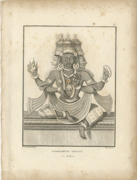 Rare 1806 Trimurti Trinity Antique Print, Hindu Deity Engraving Collectible, view 2