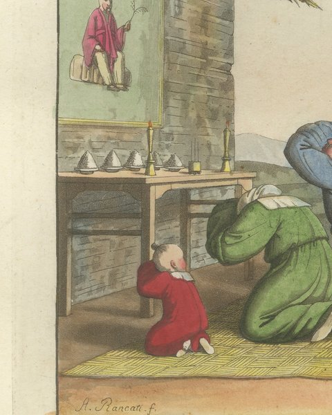 Antique Hand-Colored Print of Worship at a Chinese Shrine, Ferrario, 1815, close-up 2