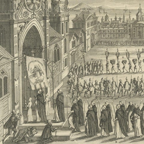 Antique Print of Spanish Inquisitions in Madrid and Goa by Picart, 1723, close-up 2