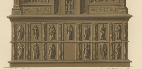 Carved Oak Retable of 1504 from Saint Bavon, Ghent, Antique Print, 1851, close-up 3