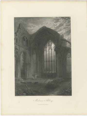 Melrose Abbey, Scotland, Antique Steel Engraving after Birket Foster, circa 1876, view 2