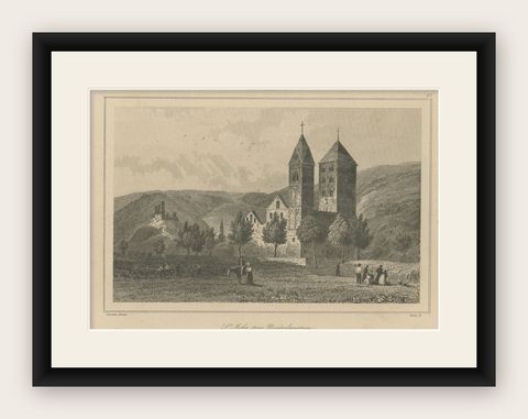 Antique Print of of St John's Church near Niederlahnstein, Germany, shown framed