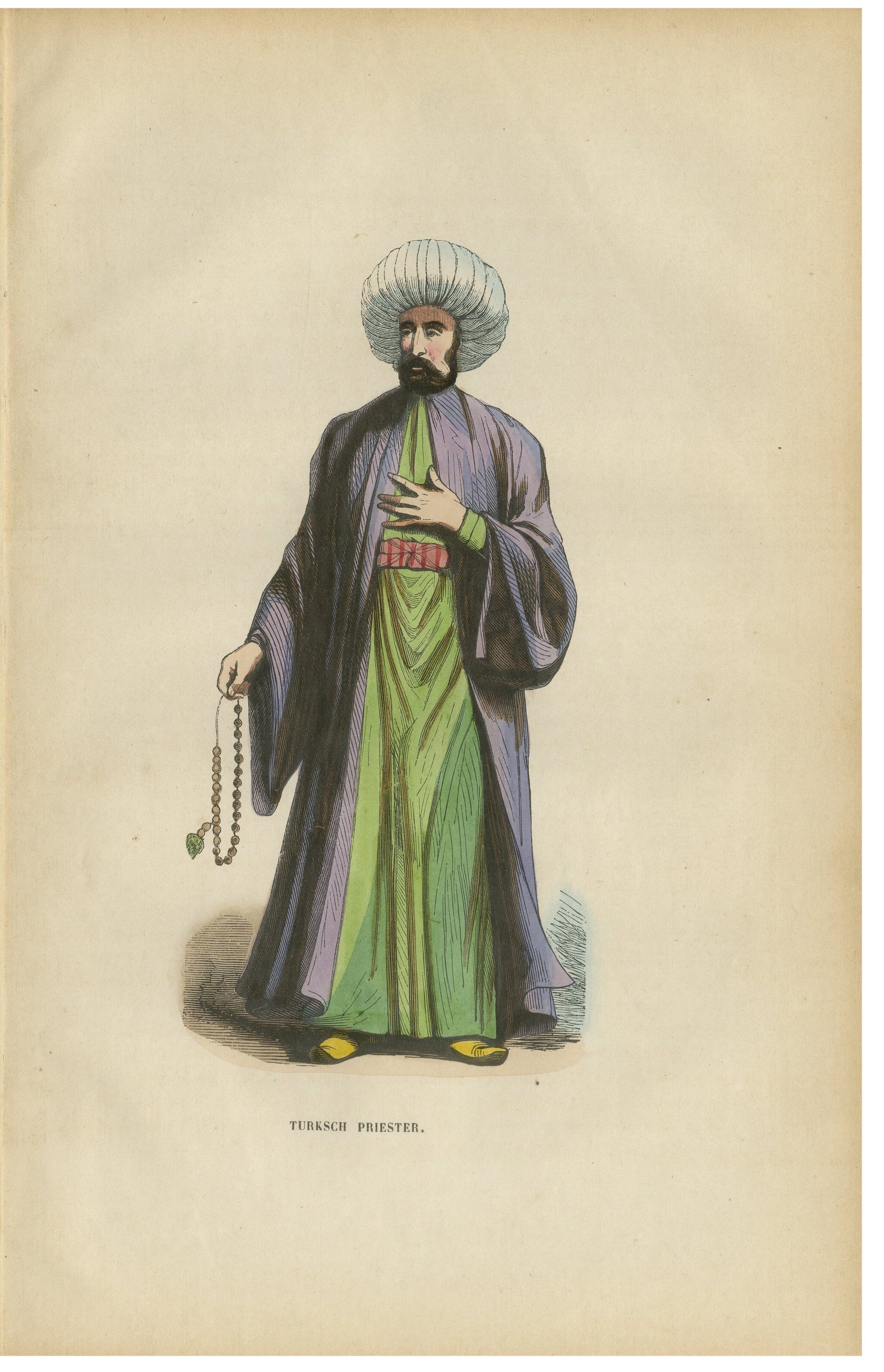 Turkish Religious Scholar, Antique Ottoman Costume Lithograph, c.1852