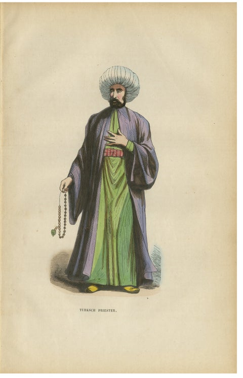 Turkish Religious Scholar, Antique Ottoman Costume Lithograph, c.1852