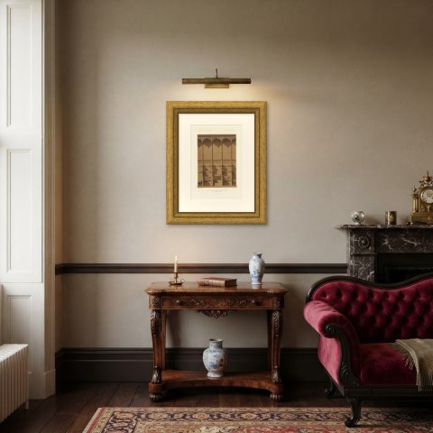 Choir Stalls of Saint Benoît sur Loire, Antique Print, 1851, shown framed in a room, true to size