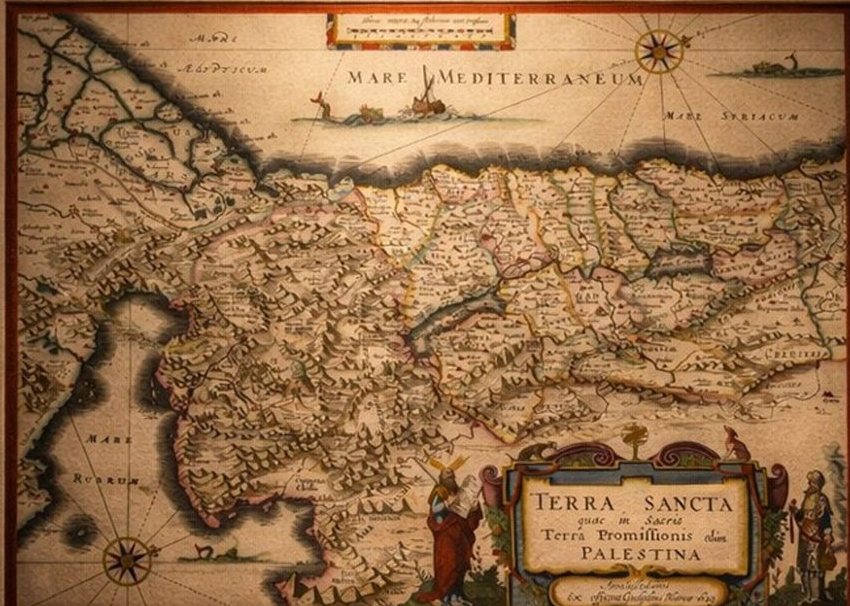 Blaeu Holy Land Map, Terra Sancta Palestina, Figural Cartouche, 1642
